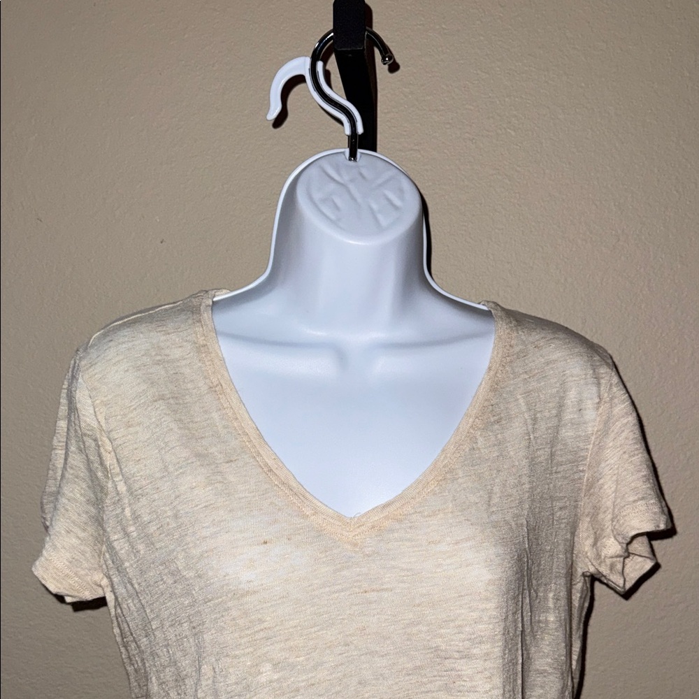 MNG Cream V-Neck Short Sleeve 100% Linen Tee Shirt Women’s Size 8 - Picture 2 of 7